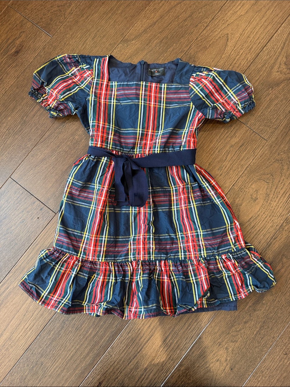 Crewcuts Navy Red Plaid Belted Puff-Sleeve Girls Dress Size 4 - C26-041